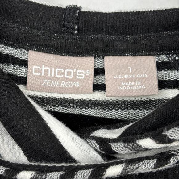 Chico's Zenergy Hooded Tunic Top Size 8/10 Black White Stripe Stretch Knit - Picture 3 of 10